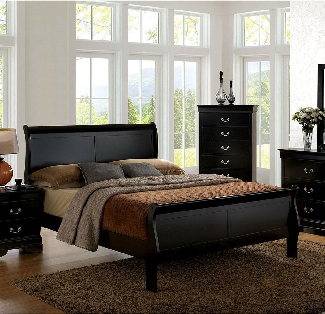 Bedroom with black wooden bed and dresser against large windows