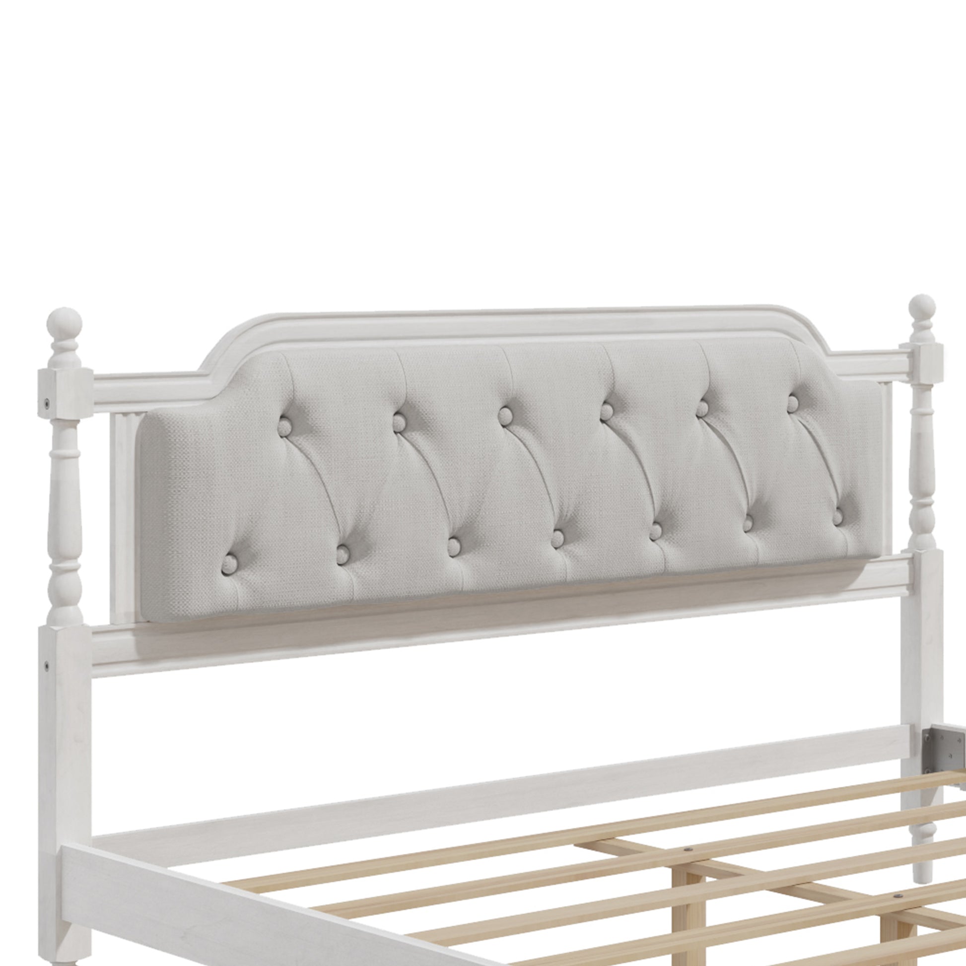 White upholstered headboard with wooden slats on a white background