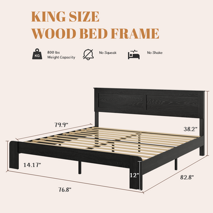 Black king size wood bed frame with dimensions and features on a beige background