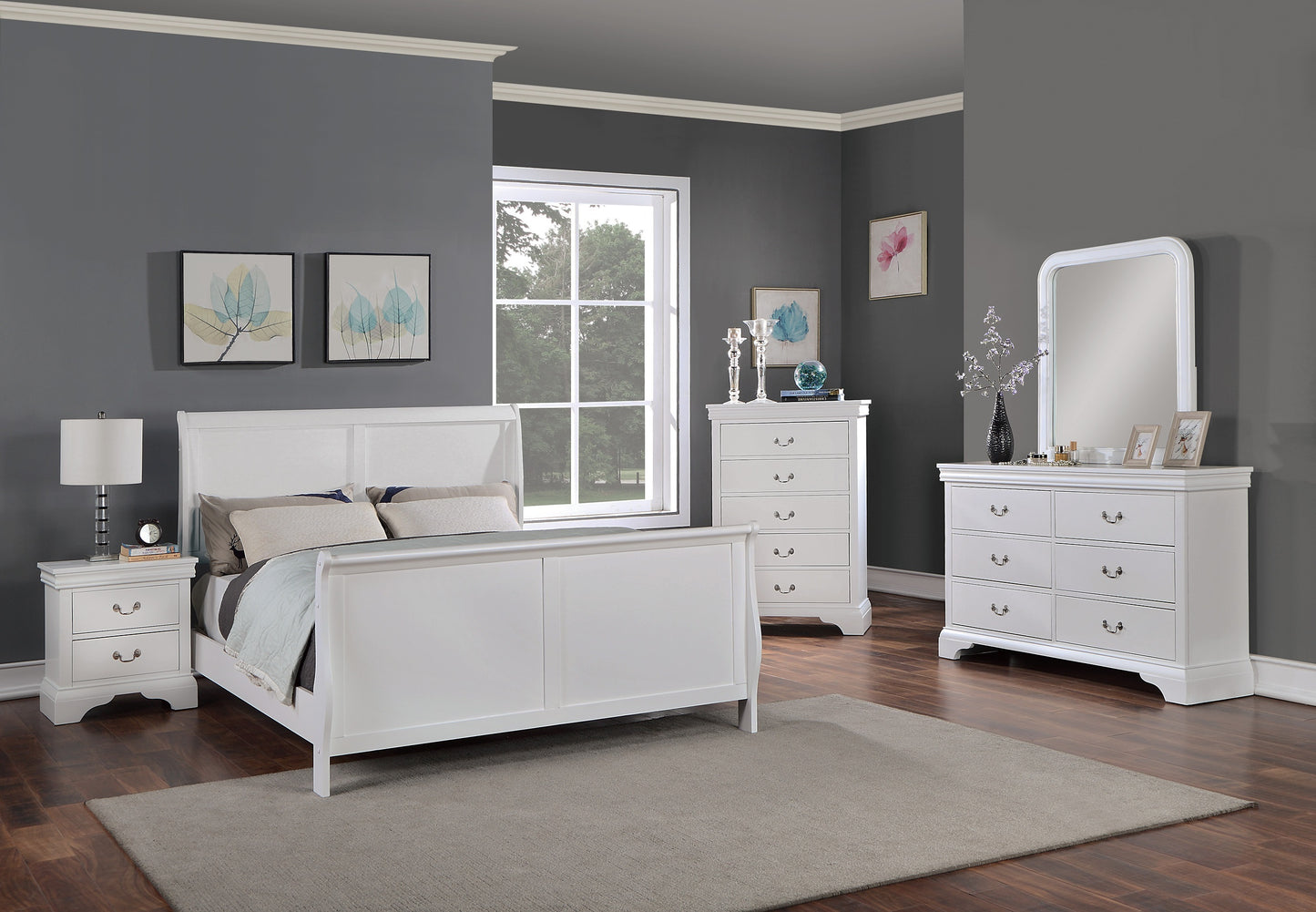 White bedroom furniture set with bed, dresser, and nightstands against a gray wall.
