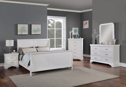 White bedroom furniture set with bed, dresser, and nightstands against a gray wall.