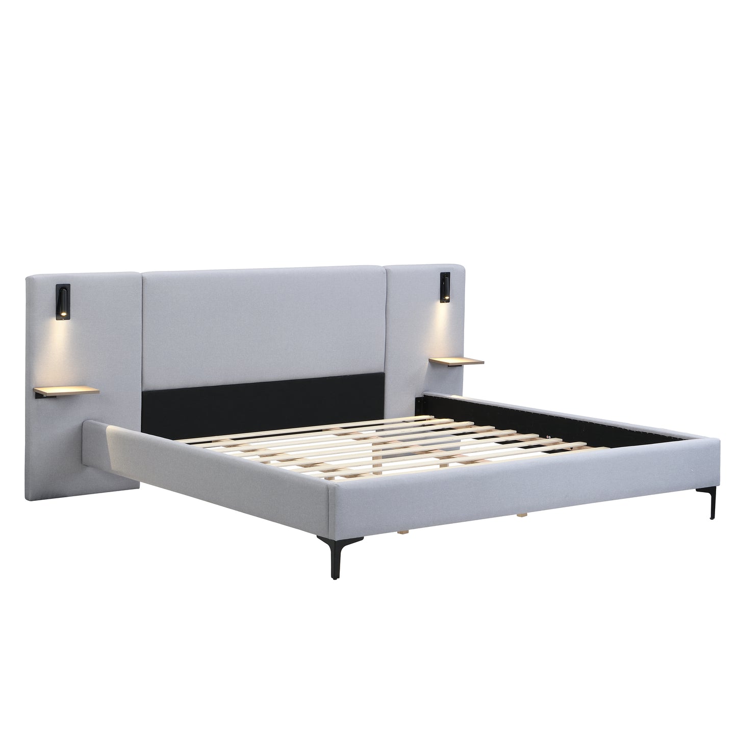 Modern bed with white upholstered headboard and black frame on a white background
