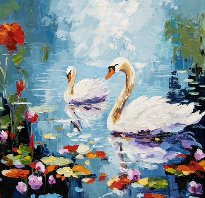 Painting of two swans on a pond with flowers and foliage.