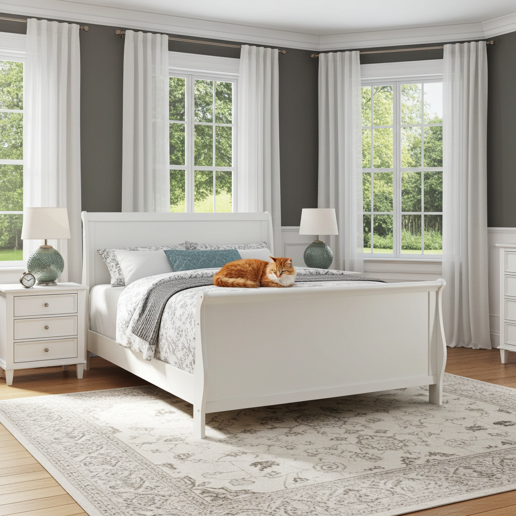 White bedroom with a bed, nightstands, and curtains in a bright room.