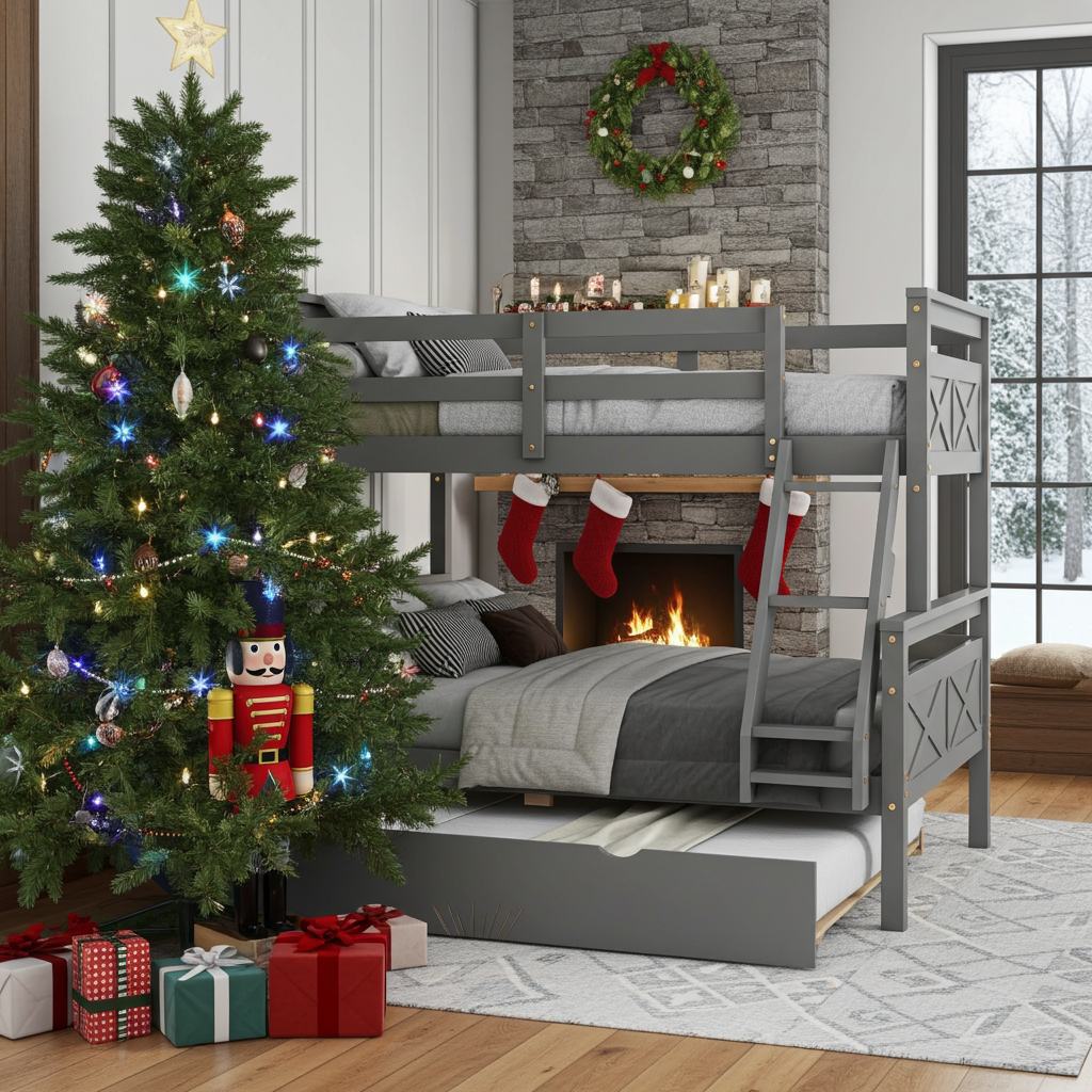 Christmas-themed room with a decorated tree, fireplace, and bunk bed.