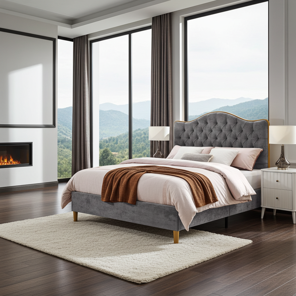 Gray upholstered bed in a modern bedroom with large windows and a fireplace.