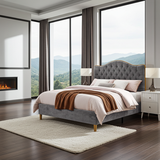 Gray upholstered bed in a modern bedroom with large windows and a fireplace.