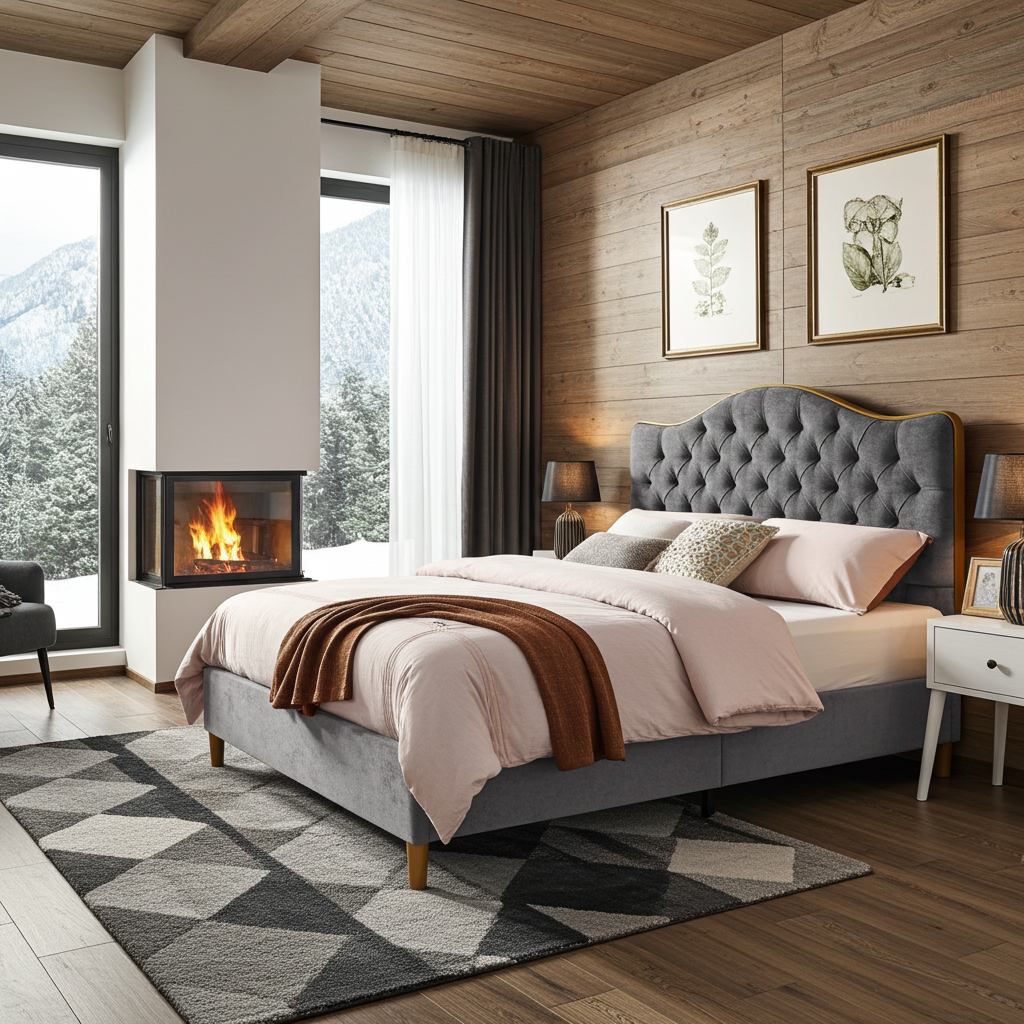 Modern bedroom with fireplace, bed, and large windows