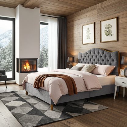 Modern bedroom with fireplace, bed, and large windows