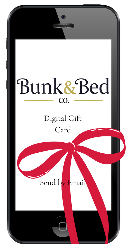 Smartphone displaying a digital gift card from Bunk & Bed Co. with a red ribbon on a white background.