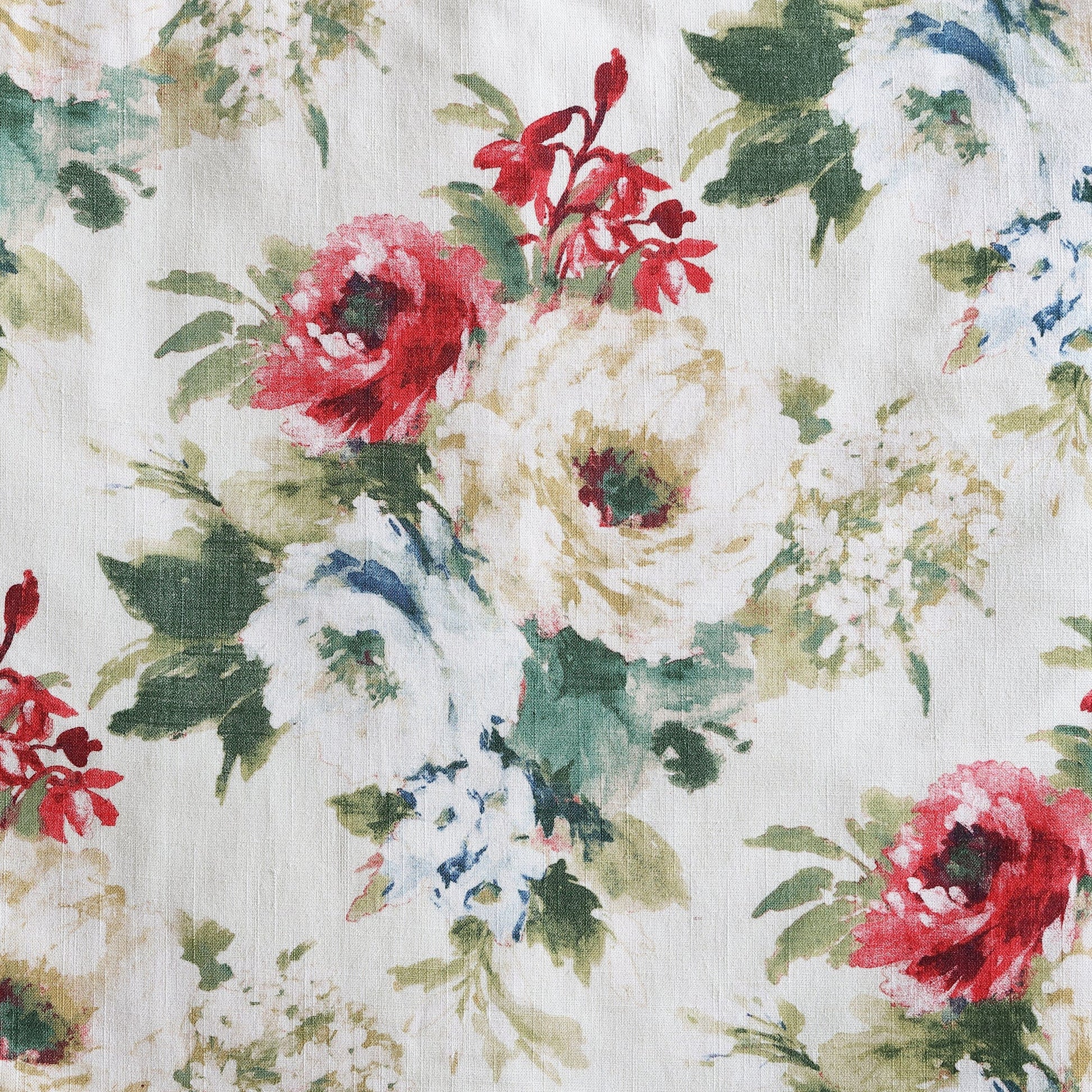Floral pattern with red, white, and green flowers on a light background