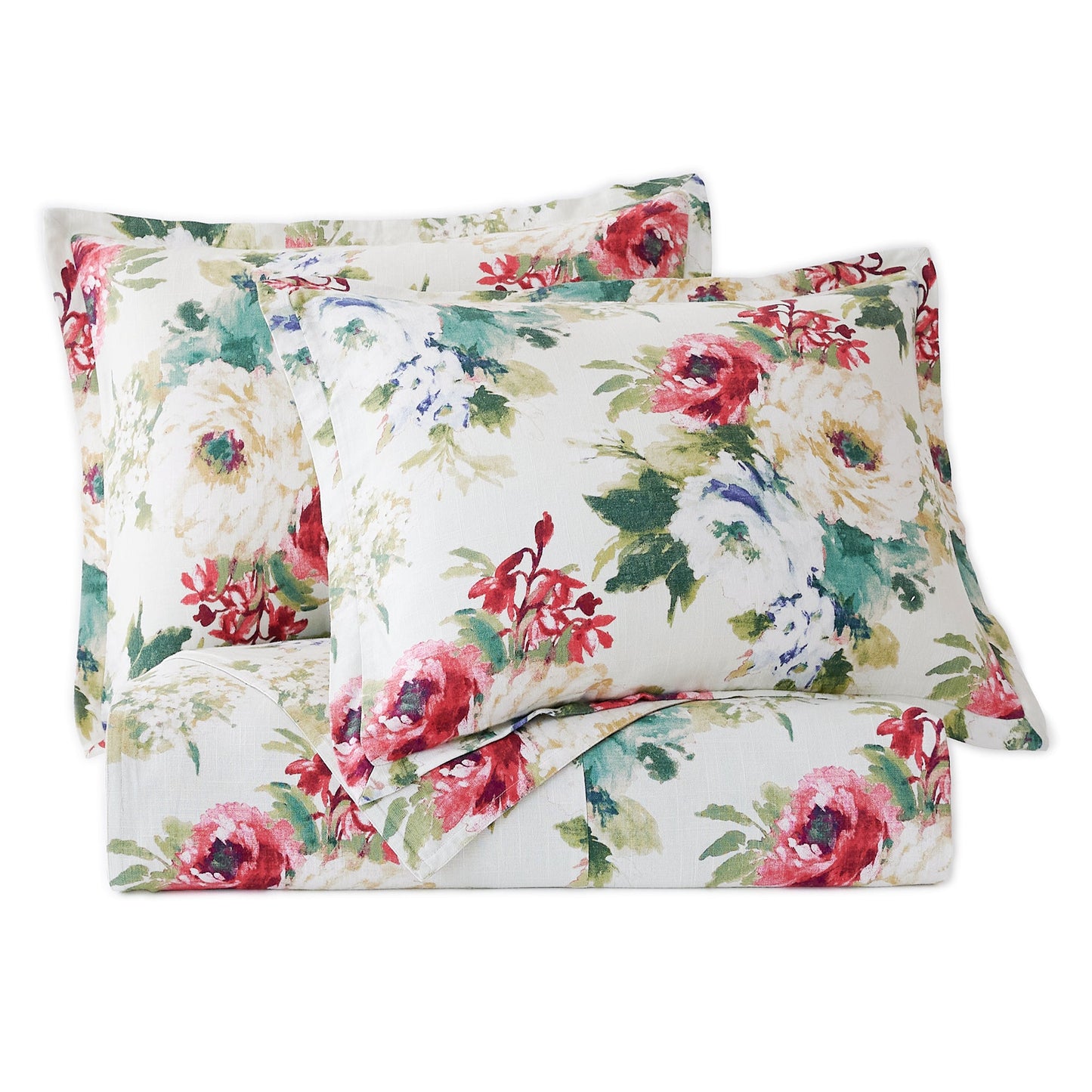 Floral bedding set with red and green flowers on a white background
