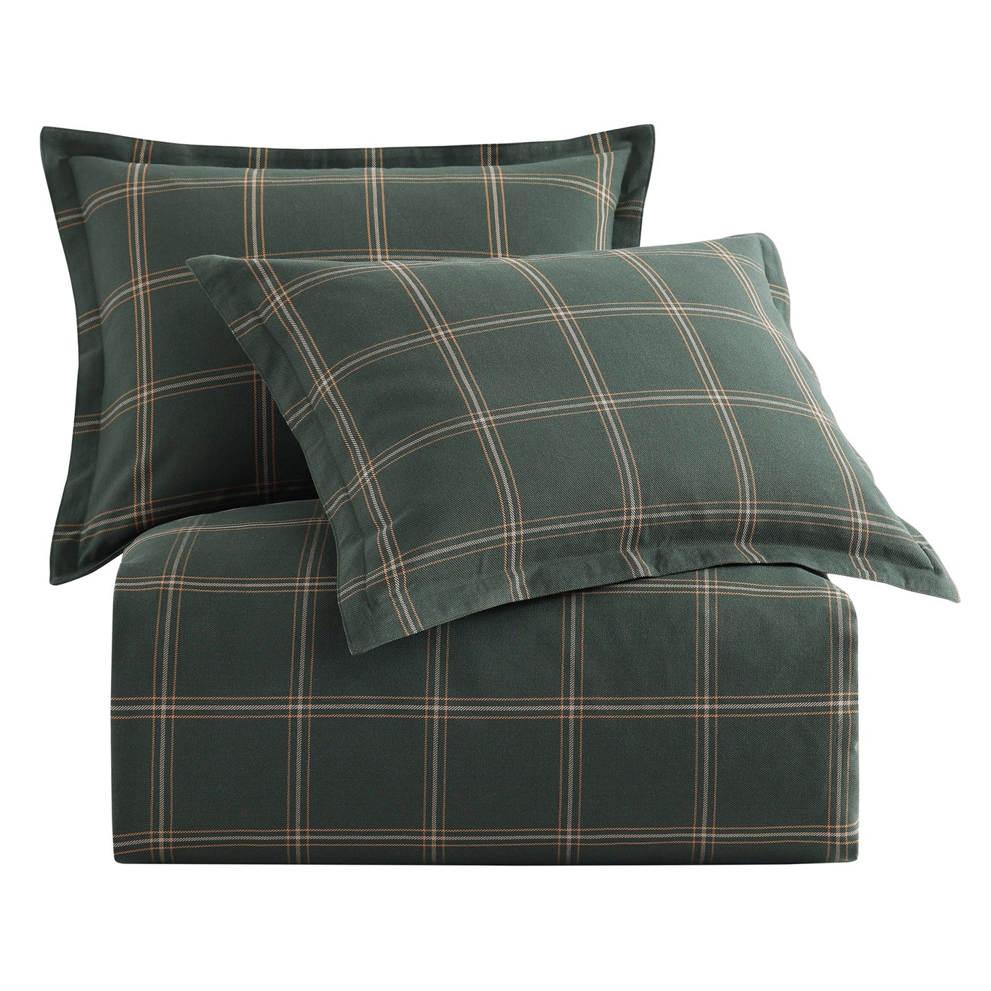 Green plaid bedding set with two pillows on a white background