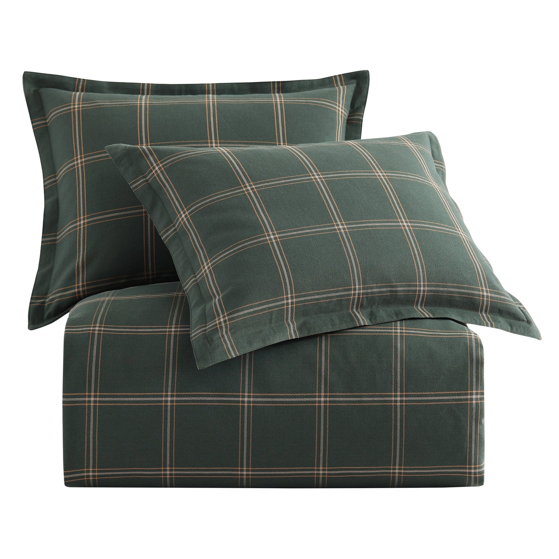 Green plaid bedding set with two pillows on a white background