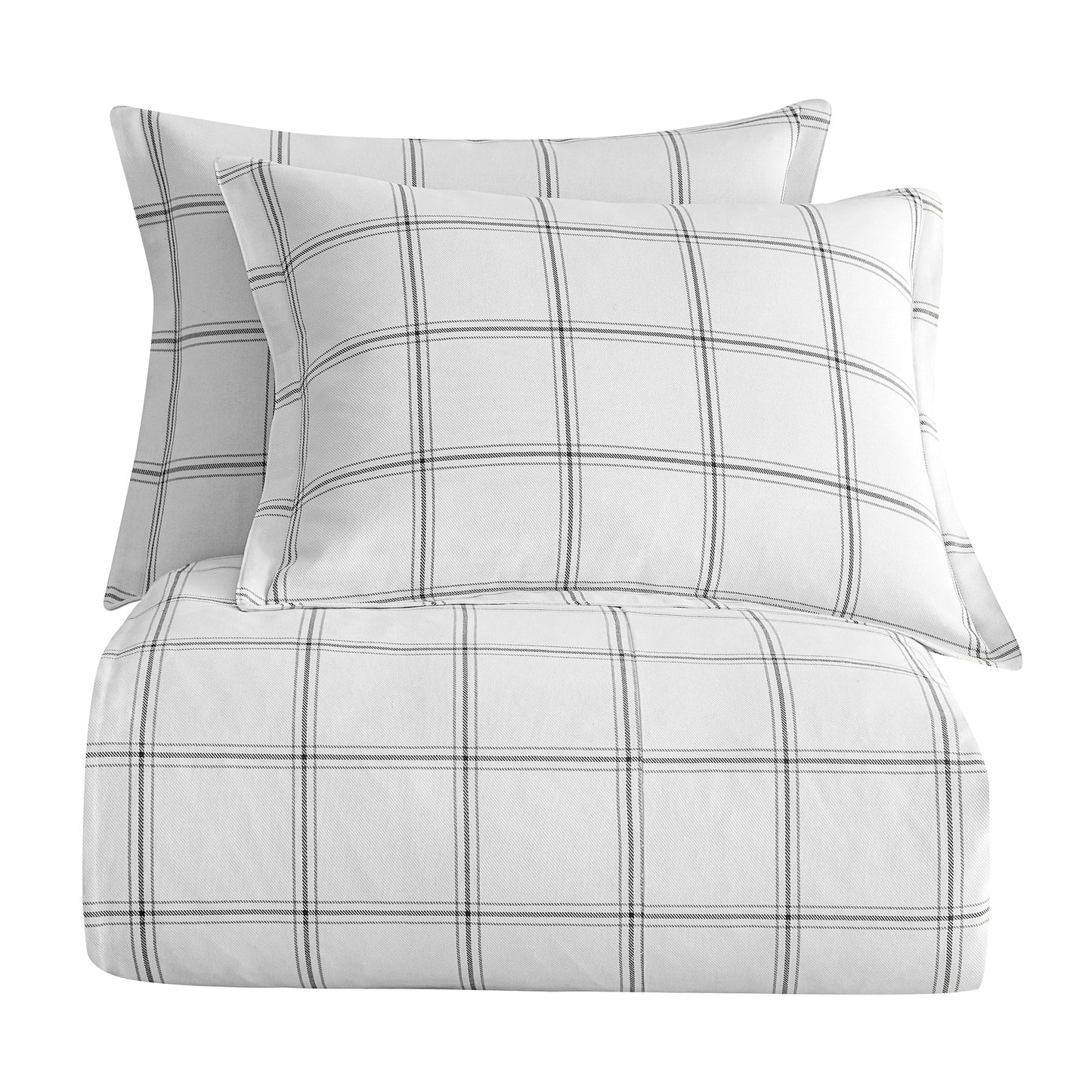 Plaid patterned bedding set with two pillows on a white background