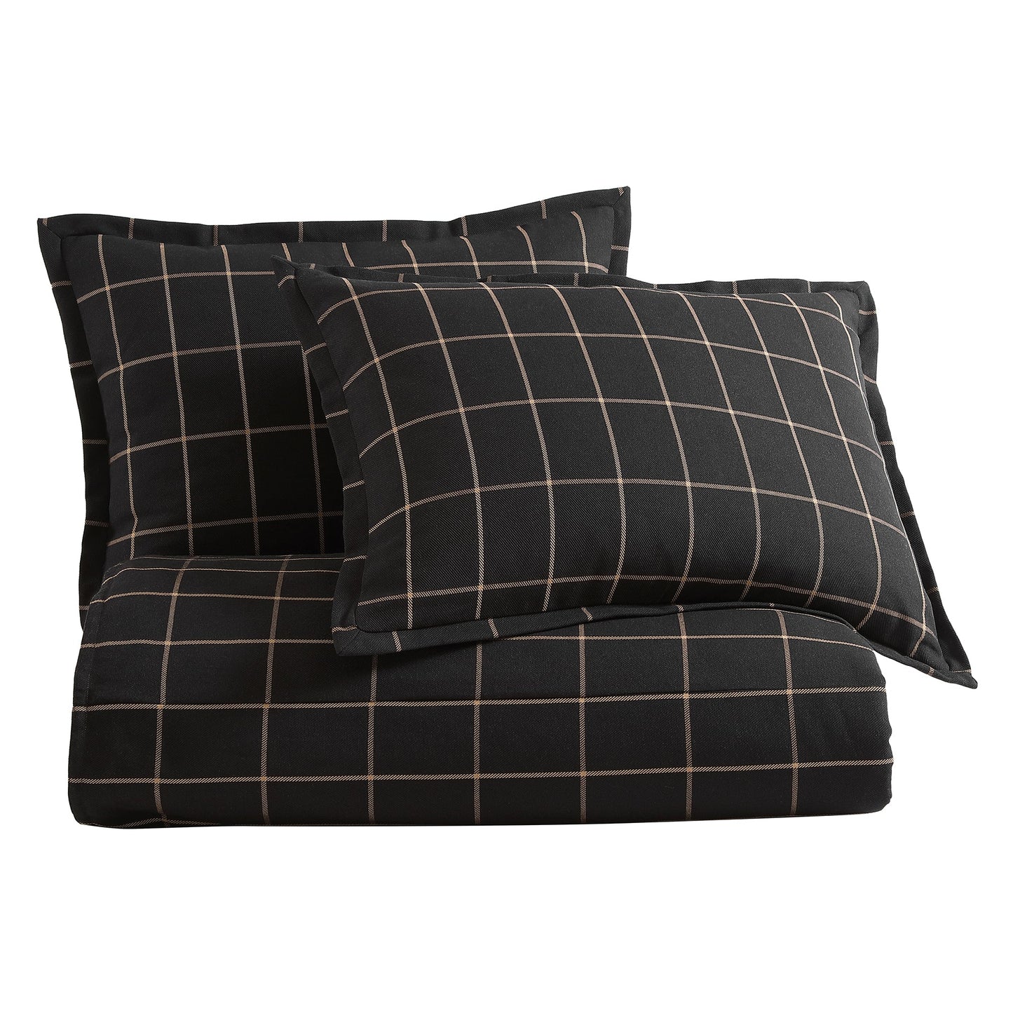 Black checkered pillowcase and duvet cover set on a white background