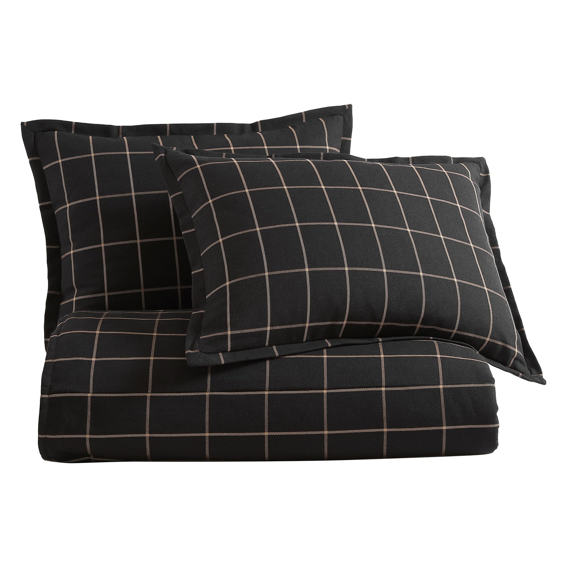 Black checkered pillowcase and duvet cover set on a white background