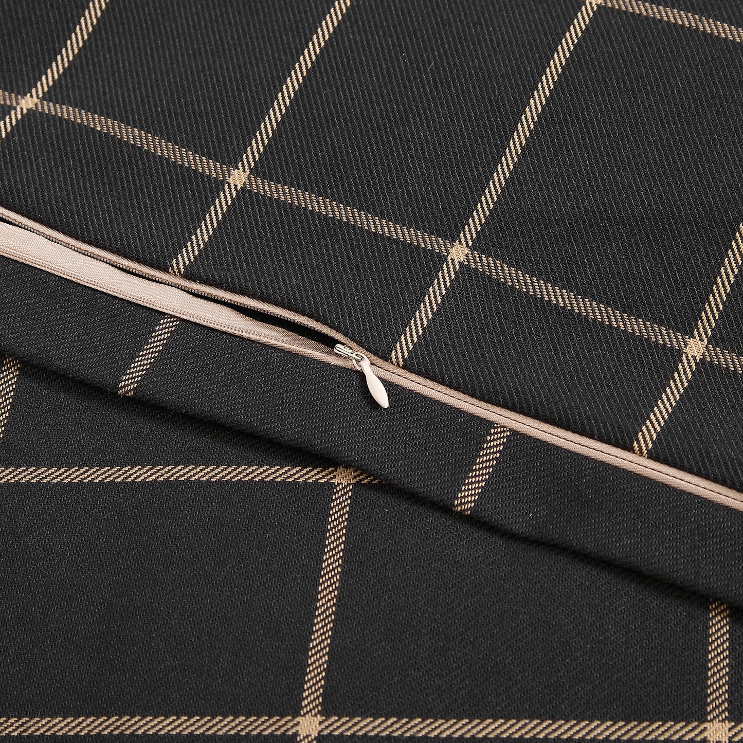 Black fabric with beige checkered pattern and zipper