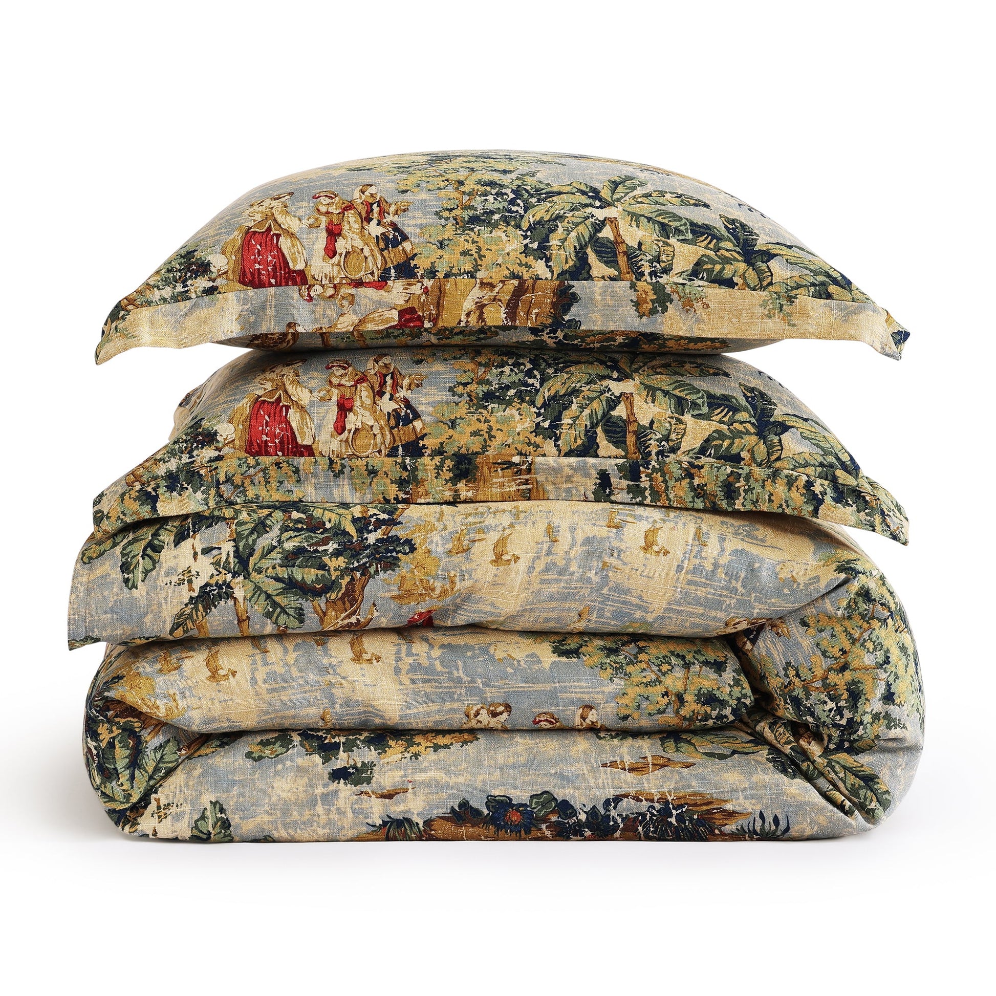 Stack of floral-patterned pillows on a white background