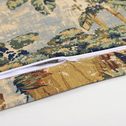 Close-up of a fabric pouch with a detailed pattern and zipper on a white background