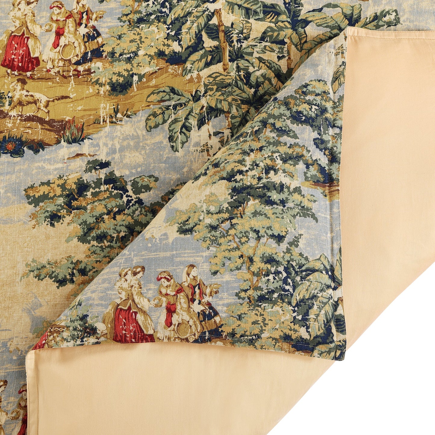 Decorative fabric with classical scene and nature design, partially unrolled.
