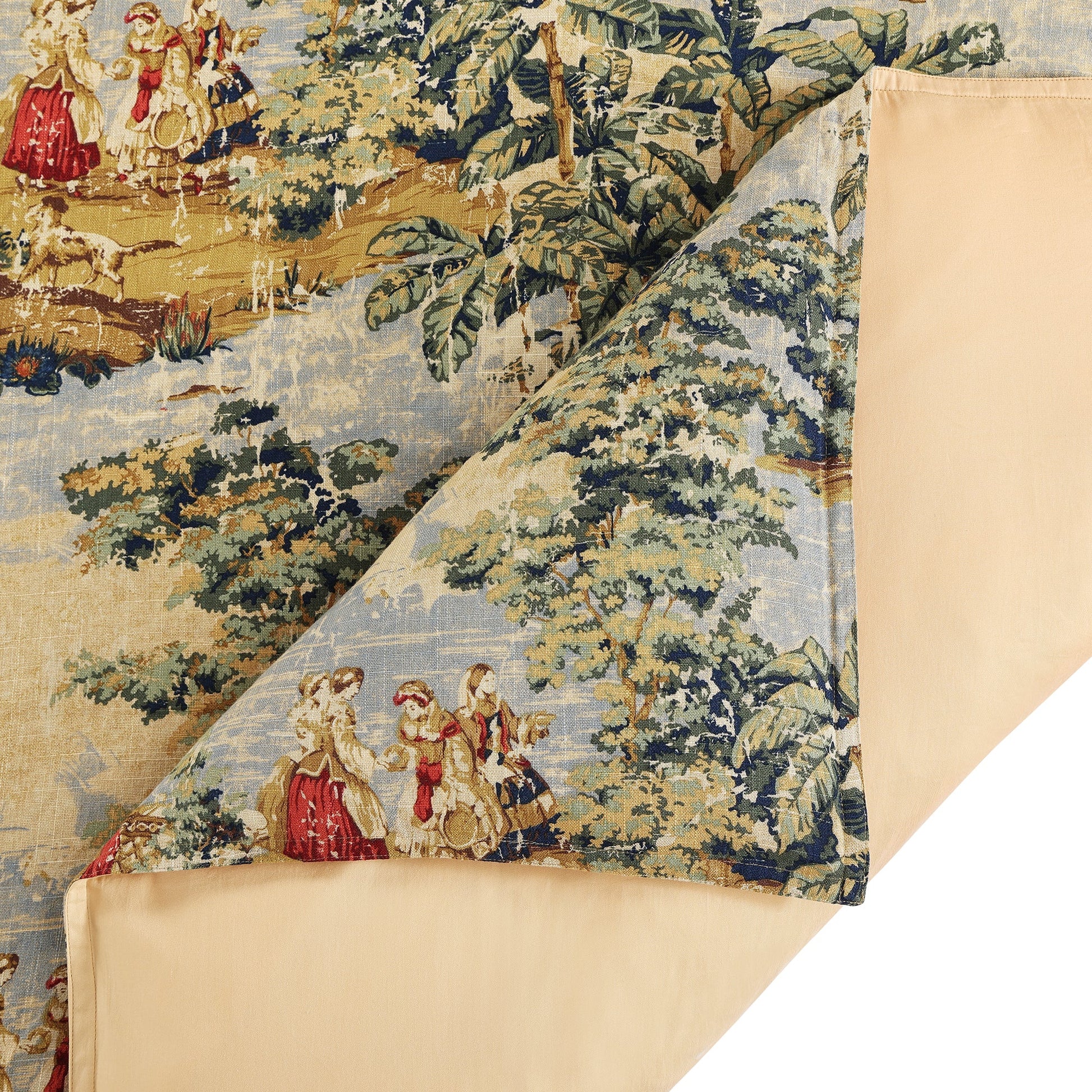 Decorative fabric with classical scene and nature design, partially unrolled.
