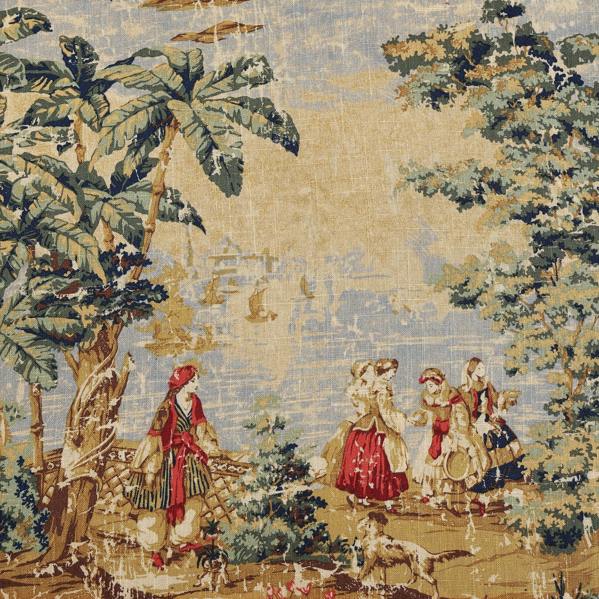 Decorative fabric with a scene of people and animals in a natural setting.