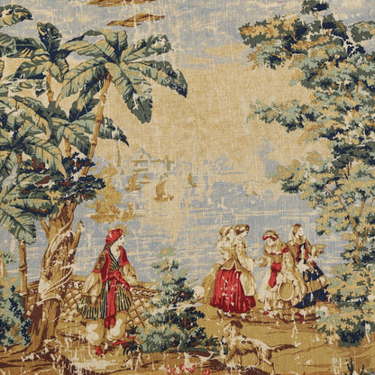Decorative fabric with a scene of people and animals in a natural setting.