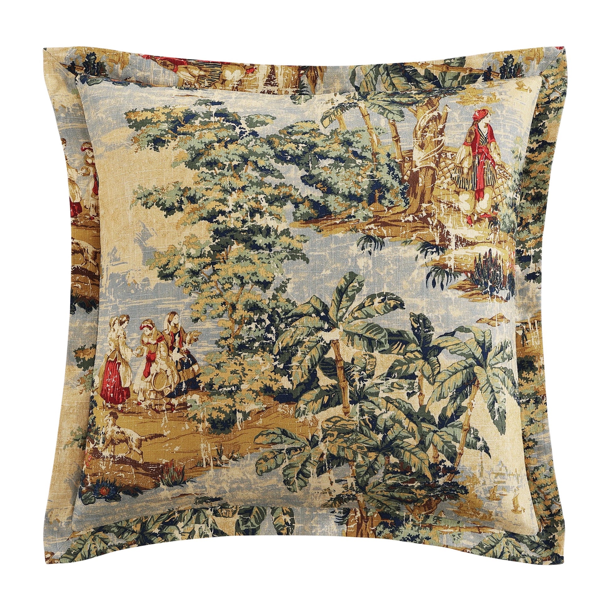 Decorative pillow with a tropical scene design featuring people and trees.
