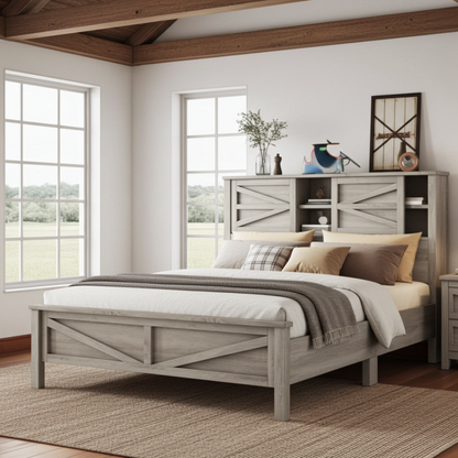Grayson Full Size Rustic Wood Bed with Charging Station Antique Gray 2