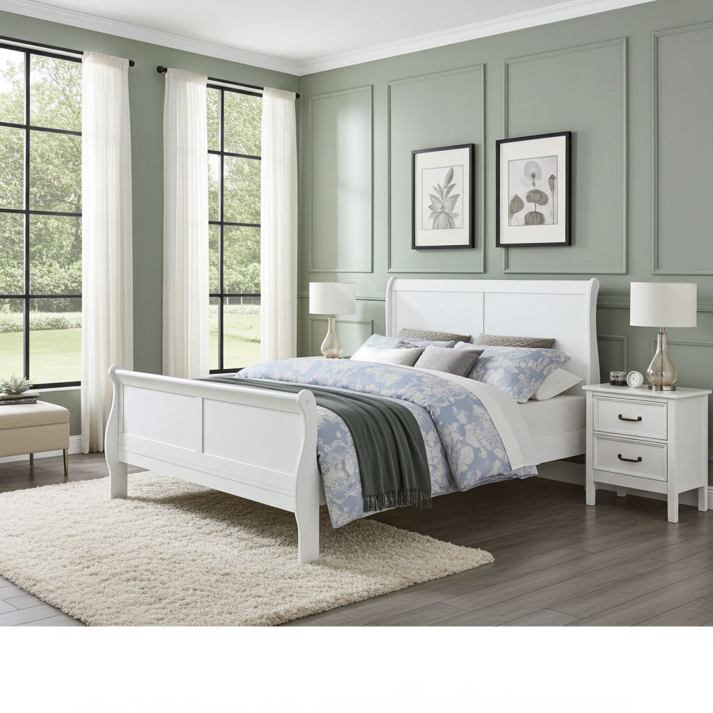 a white bed in room with wooden floors and green walls 