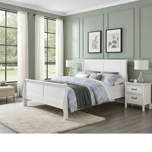 a white bed in room with wooden floors and green walls 