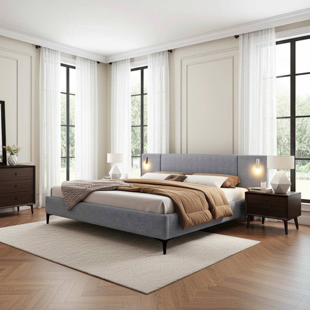Modern bedroom with a gray upholstered bed, wooden nightstands, and large windows.