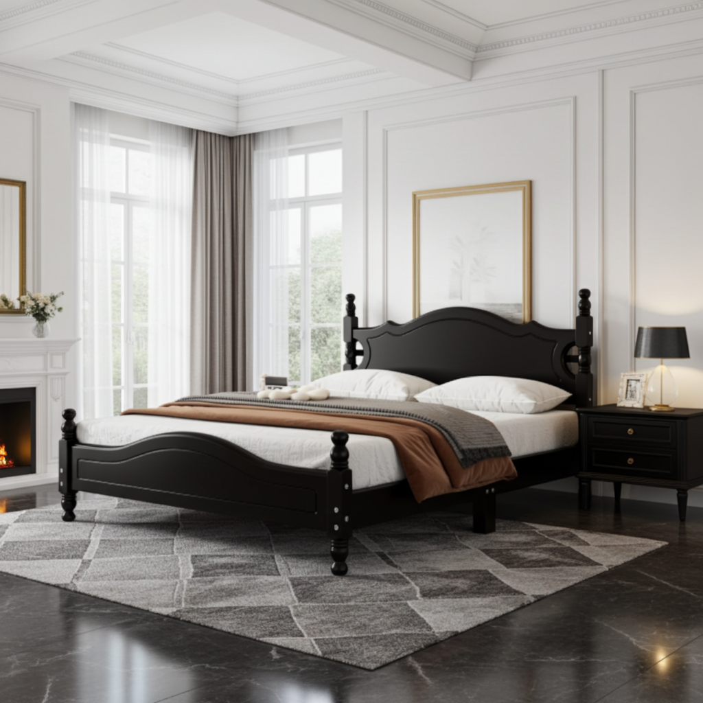 Neatly made bed in a bedroom with large windows and decorative elements.