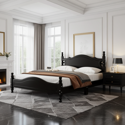 Neatly made bed in a bedroom with large windows and decorative elements.