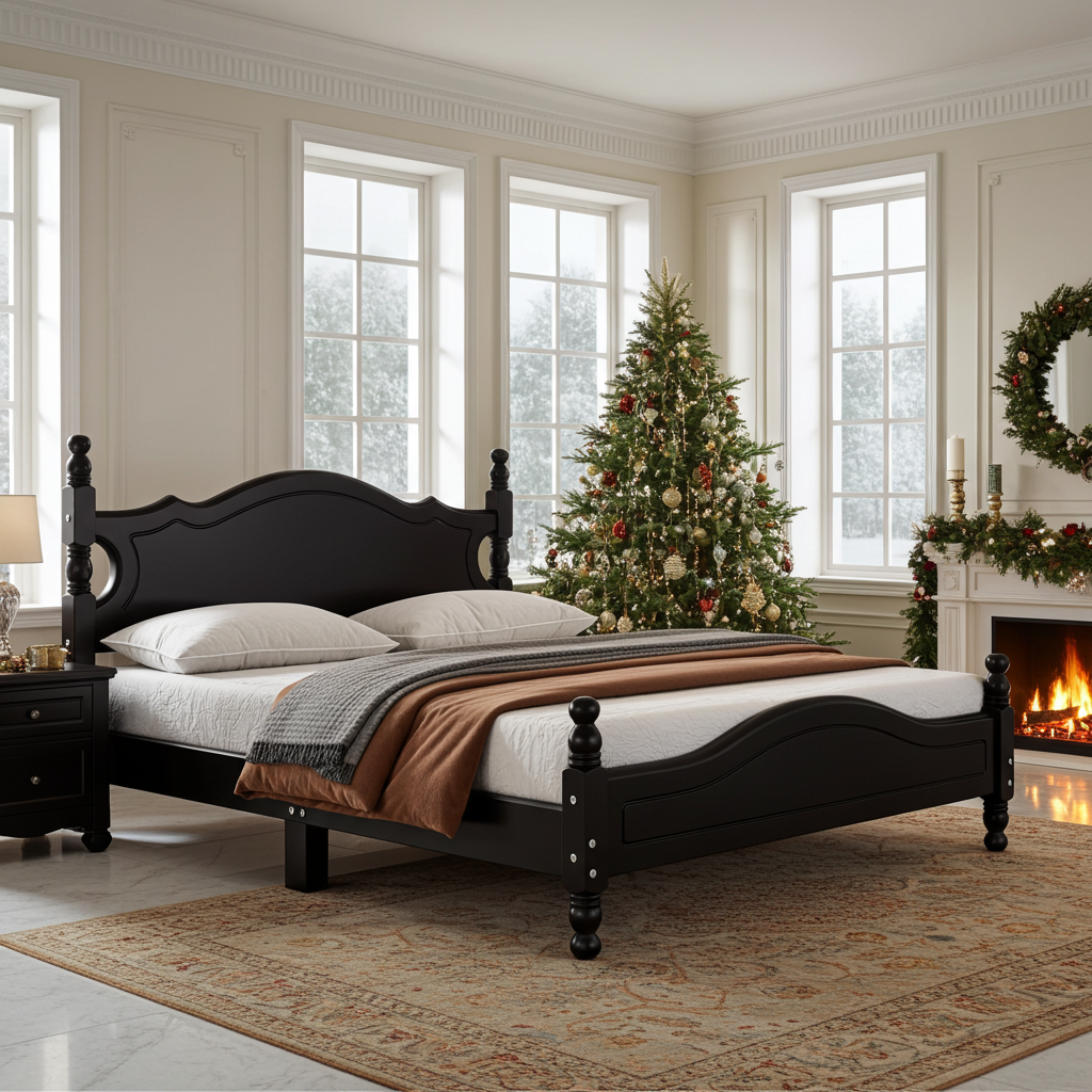 Decorative bedroom with a black bed, Christmas tree, and fireplace.