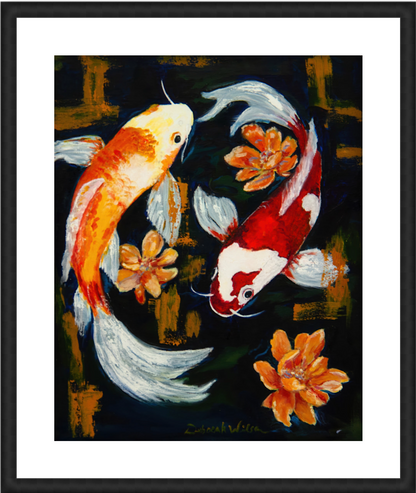 Reflecting Koi Pond, Koi Expressionistic Art Framed in Black Wood with 2" Mat 36" x45"