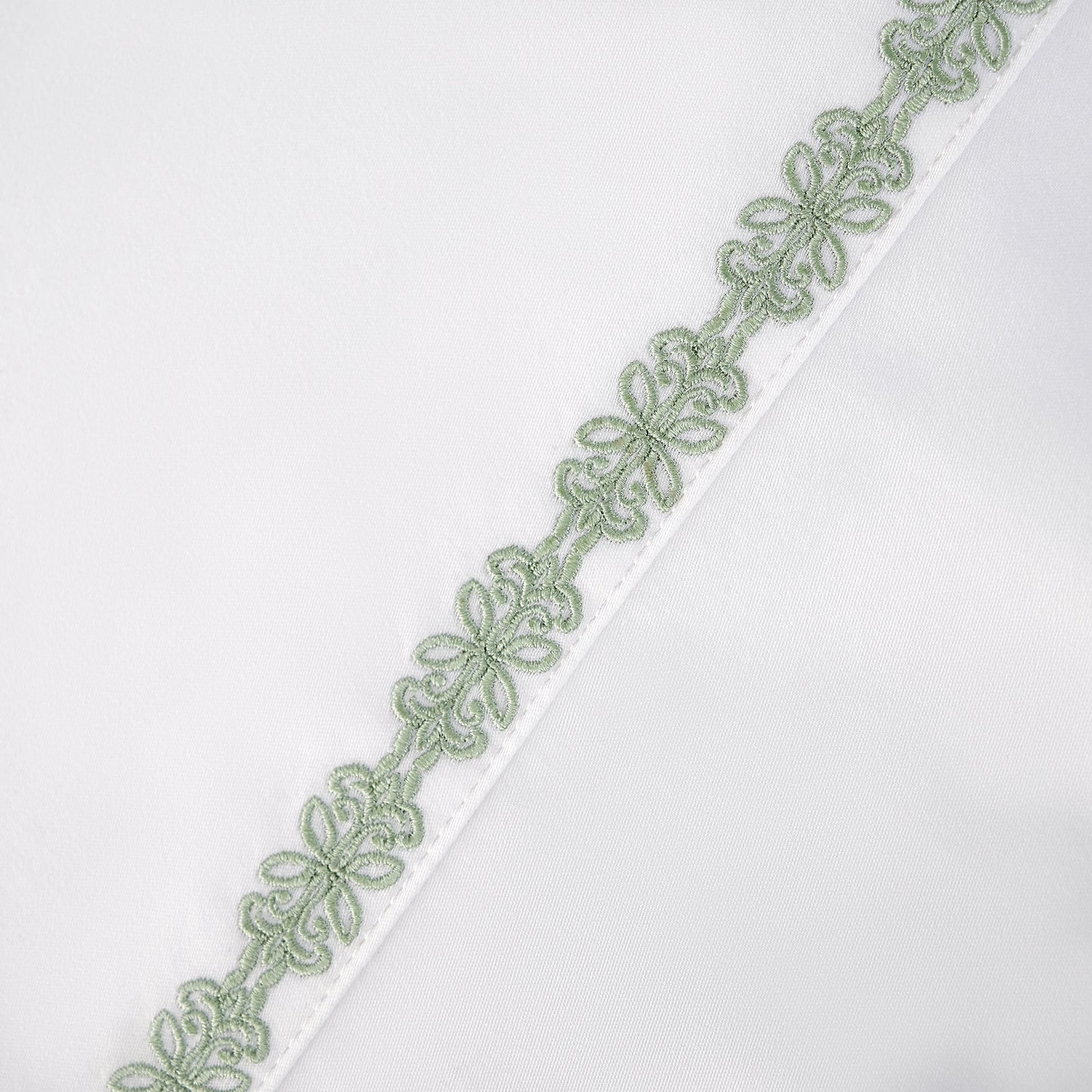 Decorative green lace trim on a white background