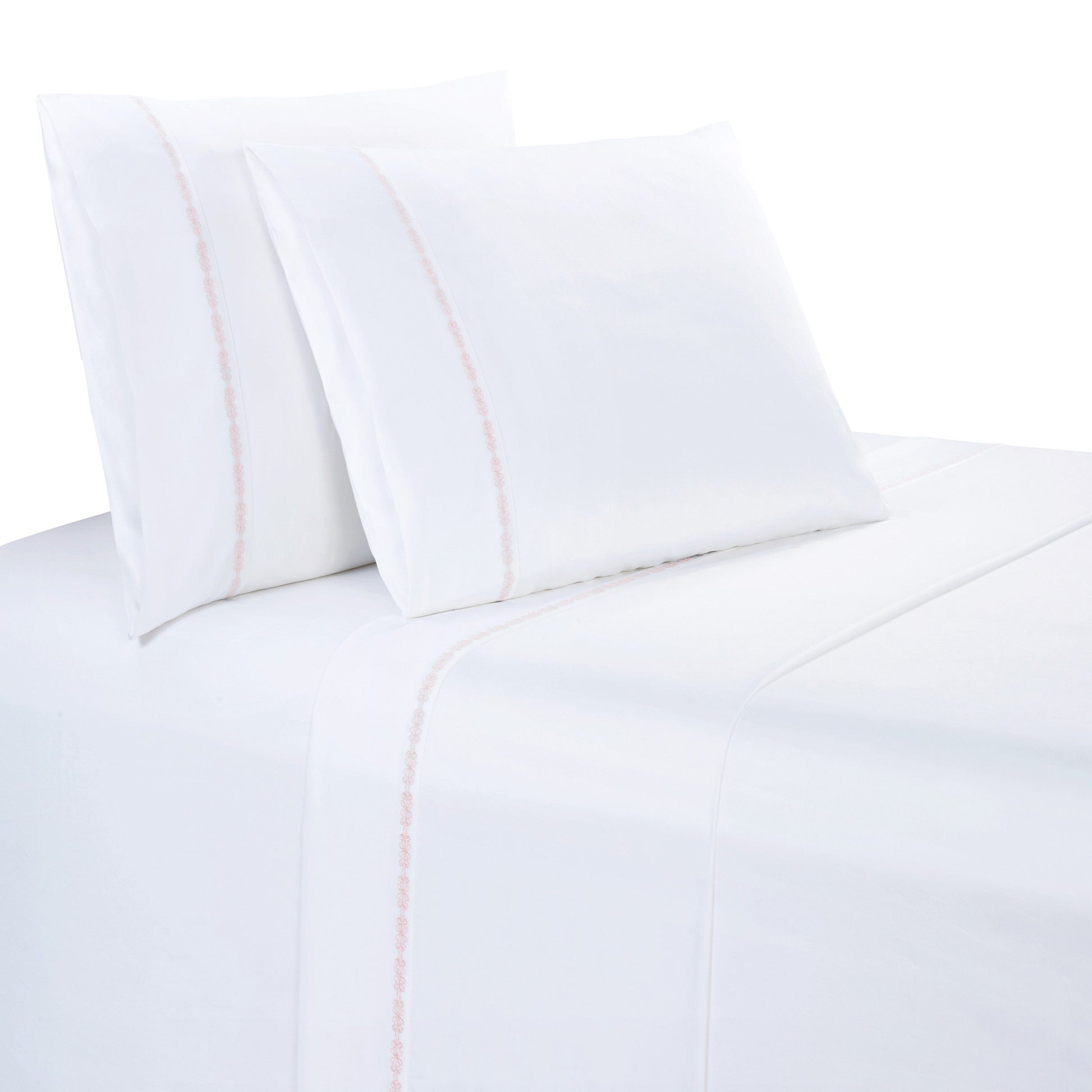White bed sheets and pillows with a subtle stripe on a white background