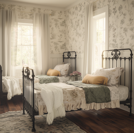 Two Twin Wrought Iron beds with Scrolls at the top, neutral floral wallpaper, the setting is 19 century design