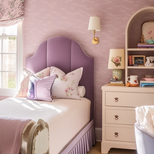 Full Bed Set with Chic Headboard With a Painted Dresser and Shelf