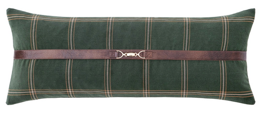 Green plaid pillow with a brown leather strap on a white background