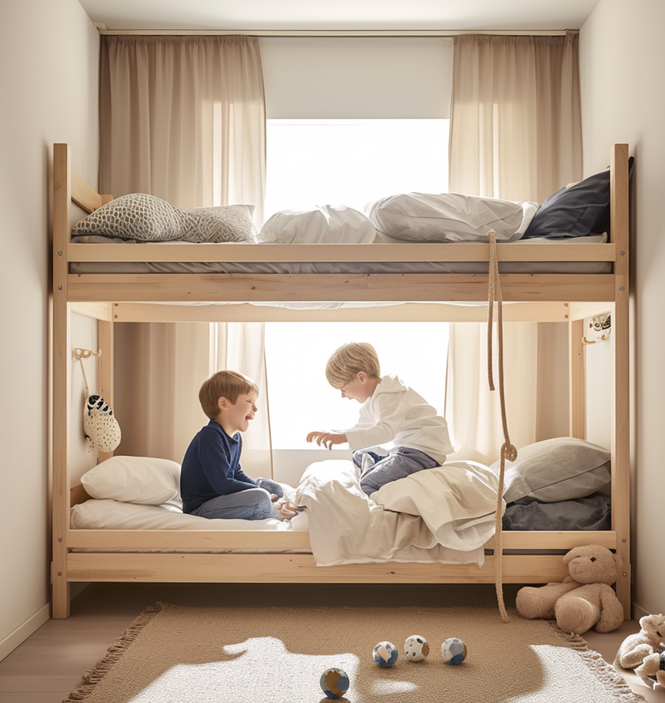 Neutral wooden twin bunkbeds with two boys playing on the bottom beds