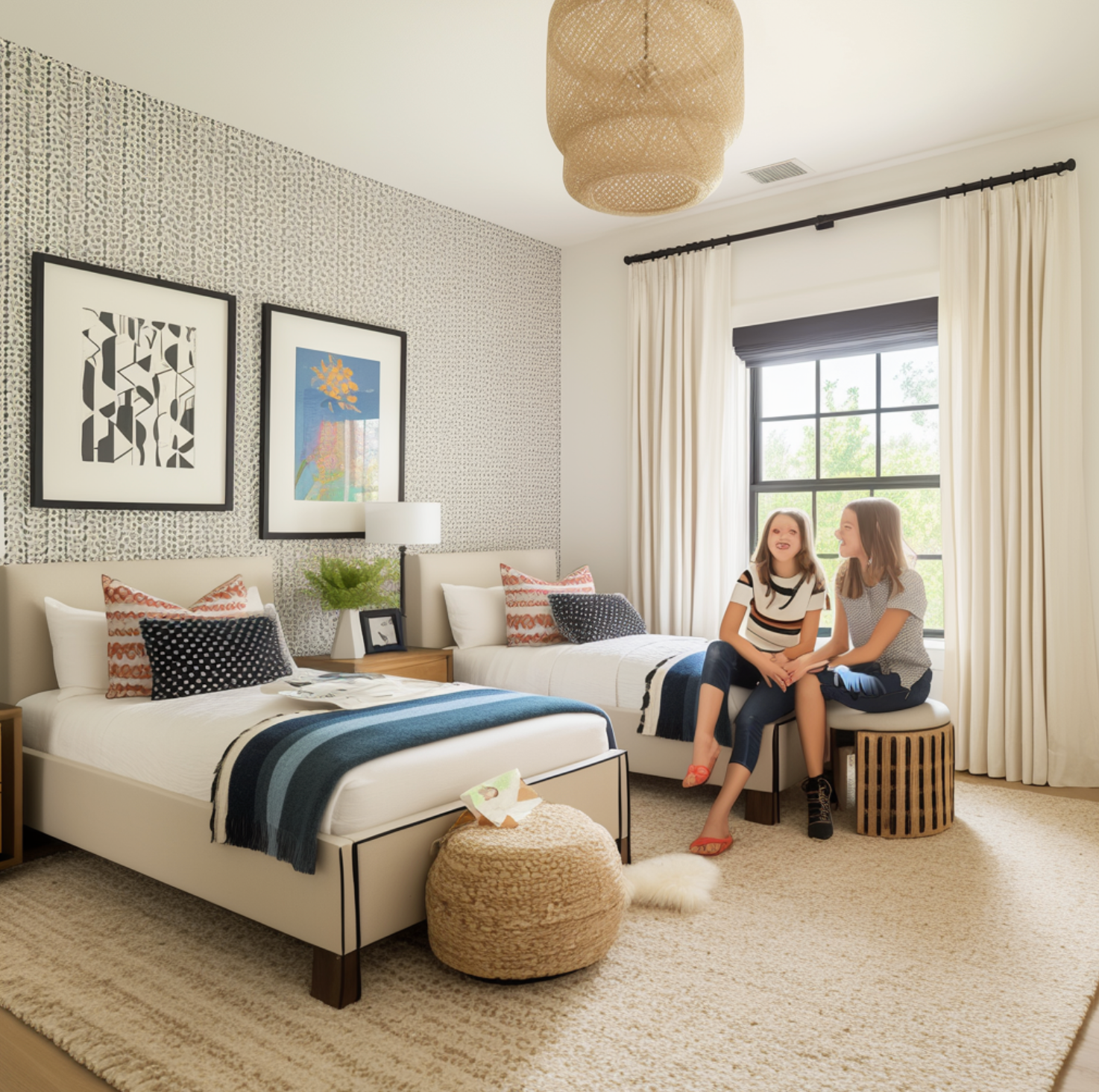 two stylish twin beds upholstered in a cream duck cloth with white bedding and striped navy blankets, two girls laughing by the window