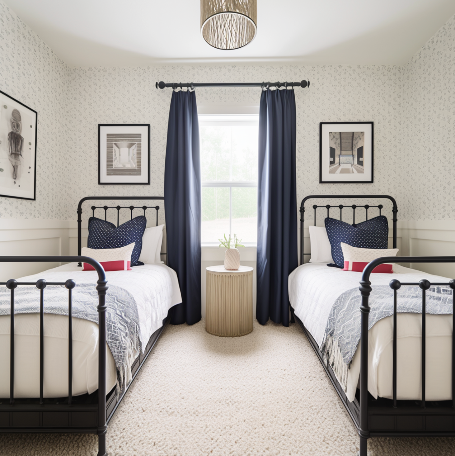 two 19th century style black iron twin beds with navy pillows and white and blue bedding, navy drapes and small print blue and white regulated wallpaper and black and white framed art on the walls 