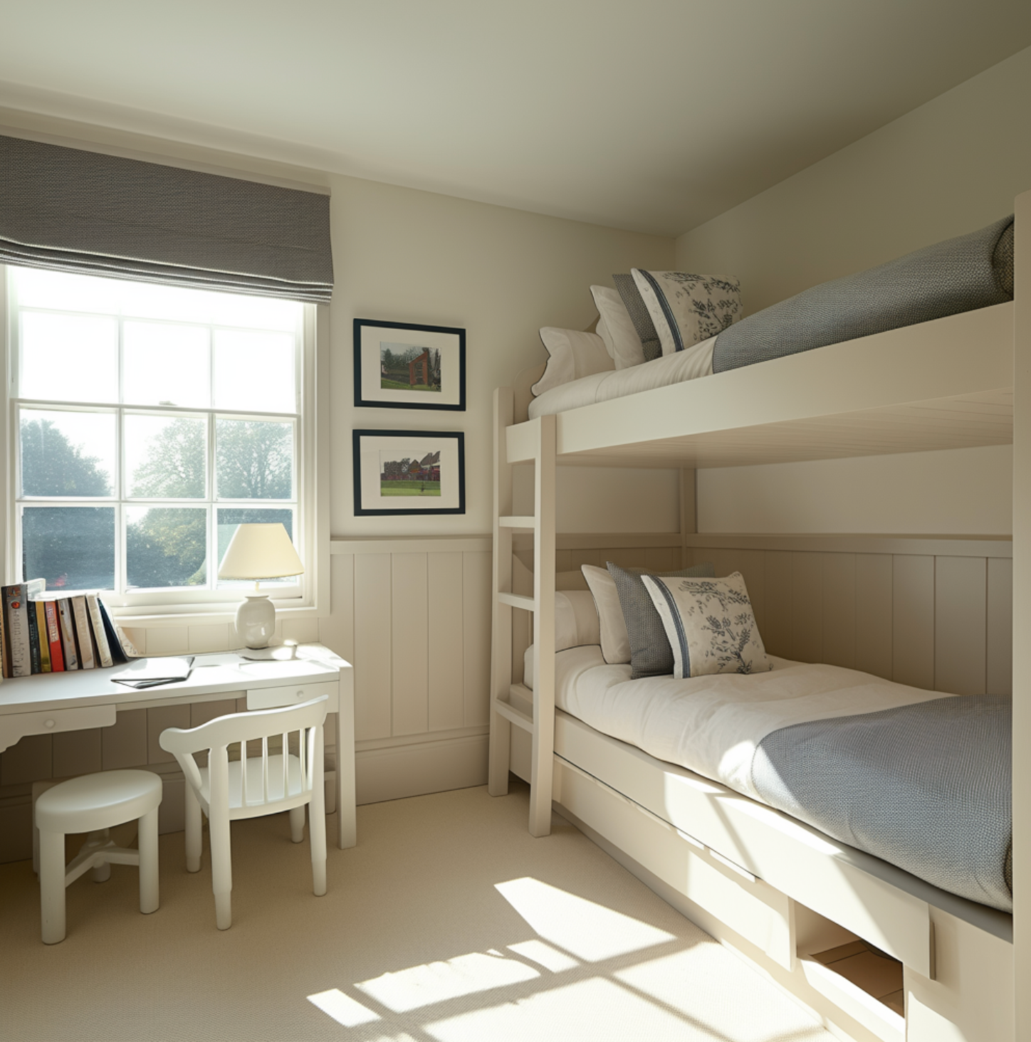 Long Cape cod style bunkbeds with blue and white bedding and a side ladder, white window desk and chair