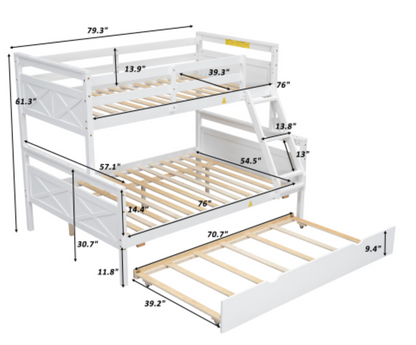 The "Space Saver" Twin Over Full Bunk Bed with Trundle White Measurements View
