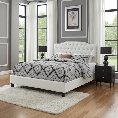 A bed with buttons, trim on walls 