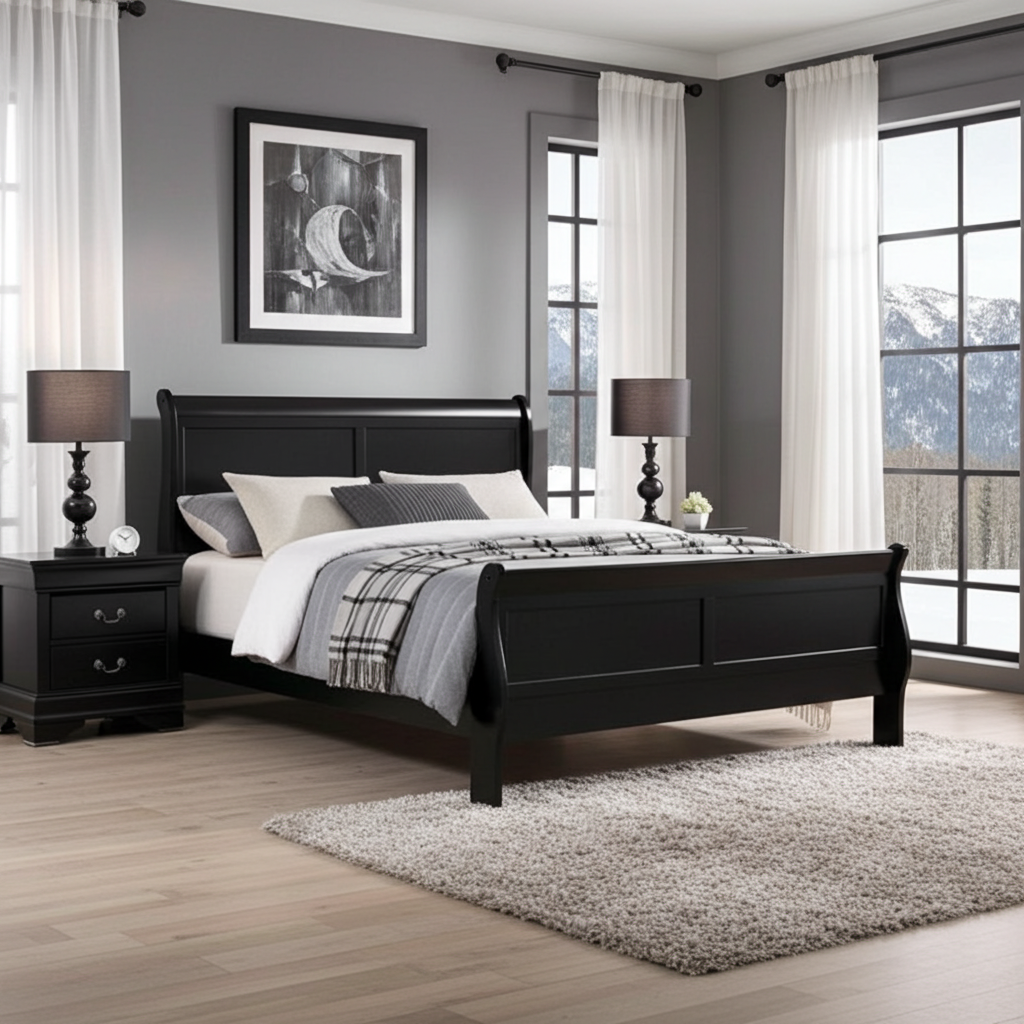 Black Bed on gray walls 