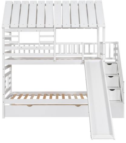 Twin over Twin House Bunk Bed with Trundle and Slide, Storage Staircase, Roof and Window Design, White ,Construction2